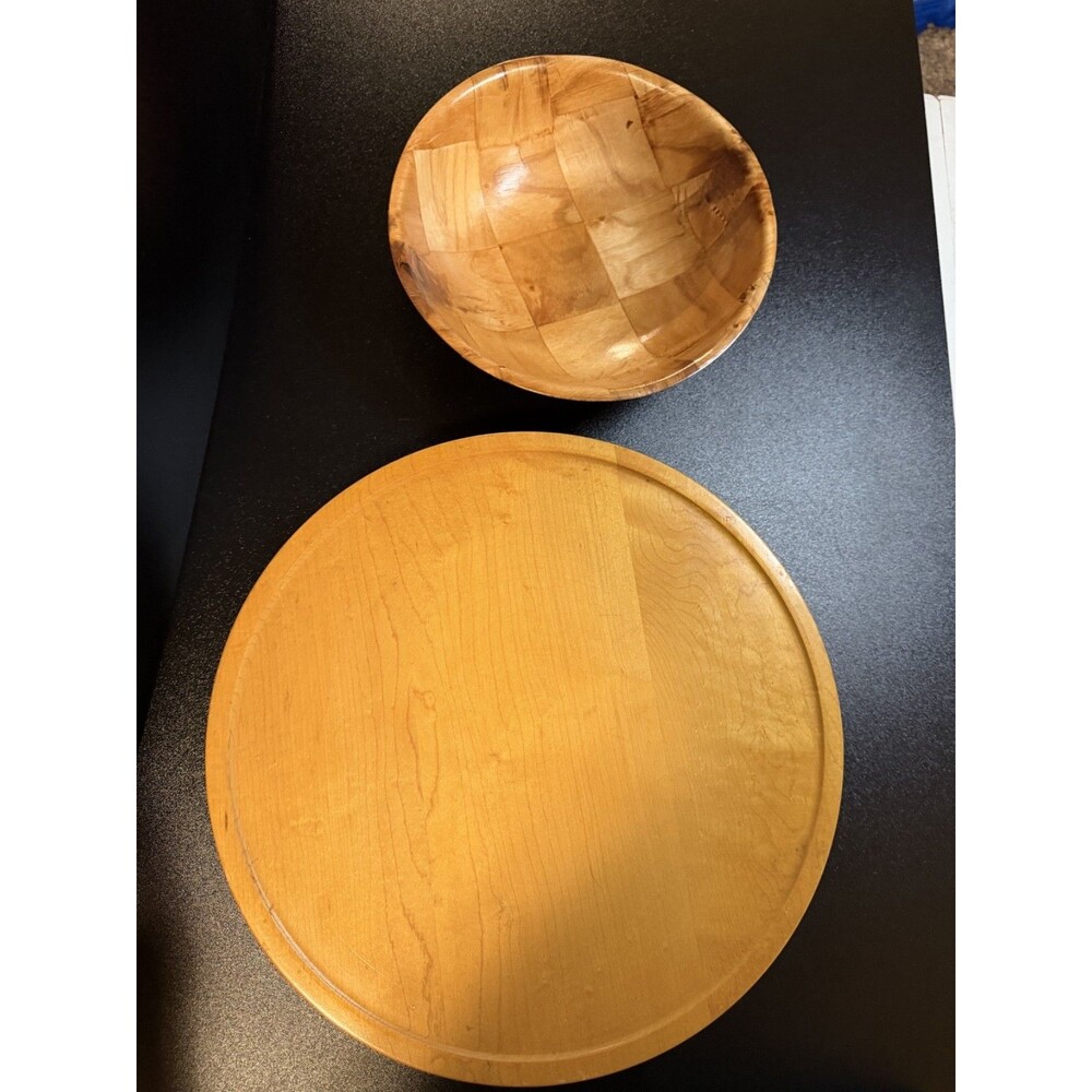 Vintage Wooden Lazy Susan Turntable w/ Segmented Wood Bowl Mid Century Kitchen‎